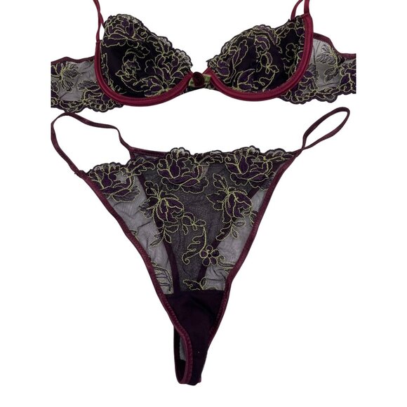 Sheer Purple Embroidered Lingerie Set W/ Underwire Bra & Matching Thong Size 34B - Picture 1 of 8